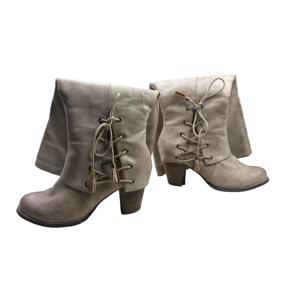 Torrid 9W Tan Tall Boots Stacked Block Heel Side Zip Wide Calf Burnished Vegan - Picture 14 of 16